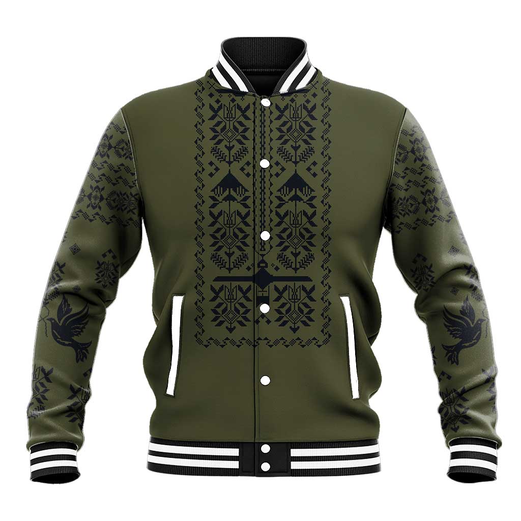Ukraine Military Vyshyvanka Pattern Baseball Jacket Ukrainian Heritage Green Tactical Style - Wonder Print Shop