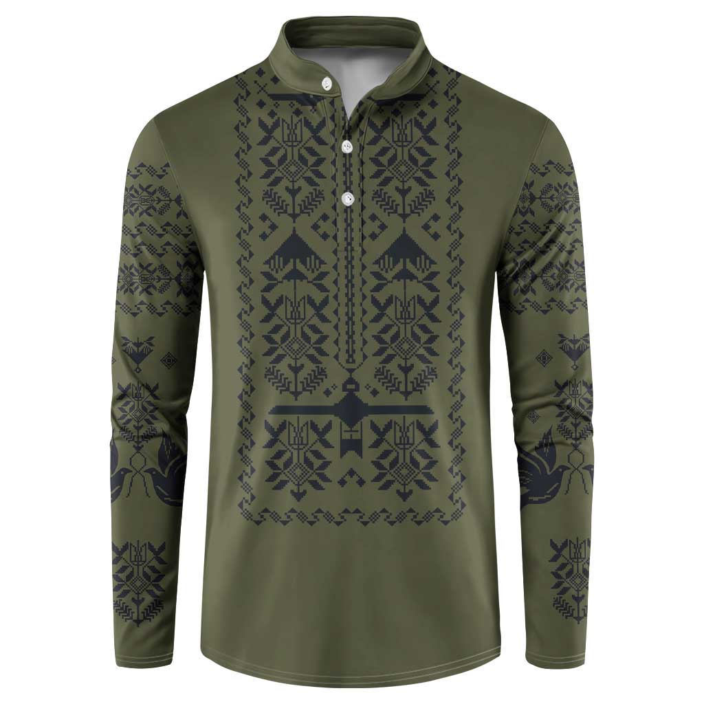 Ukraine Military Vyshyvanka Pattern Button Sweatshirt Ukrainian Heritage Green Tactical Style - Wonder Print Shop