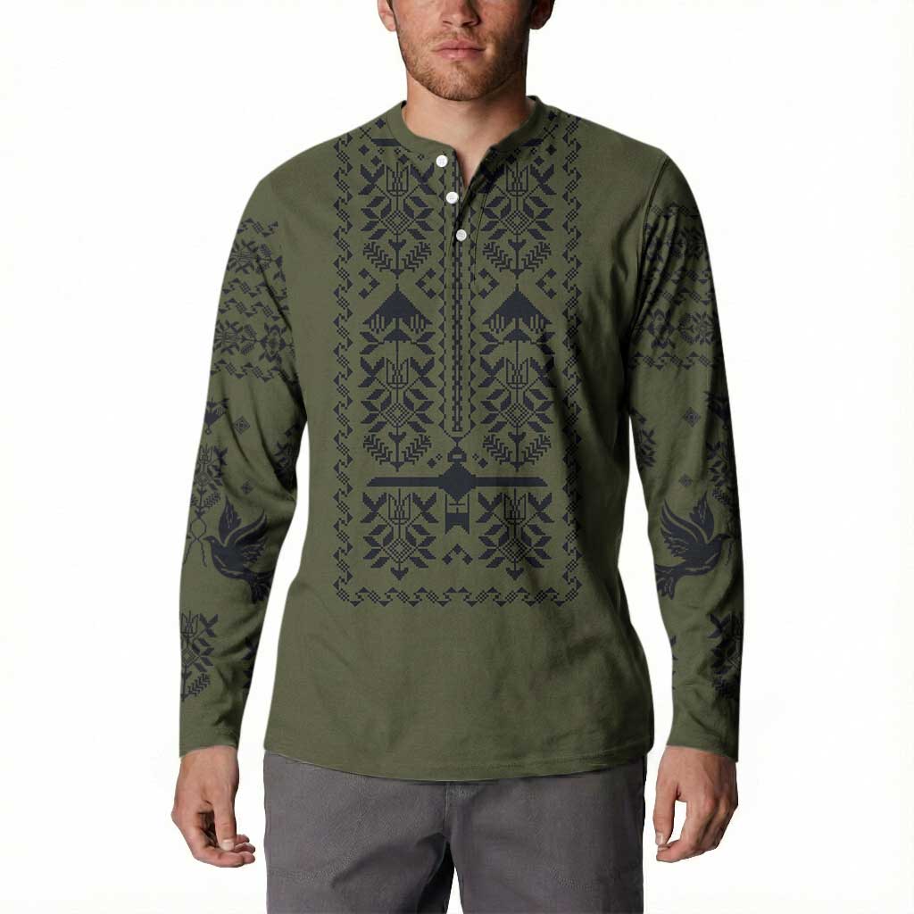 Ukraine Military Vyshyvanka Pattern Button Sweatshirt Ukrainian Heritage Green Tactical Style - Wonder Print Shop