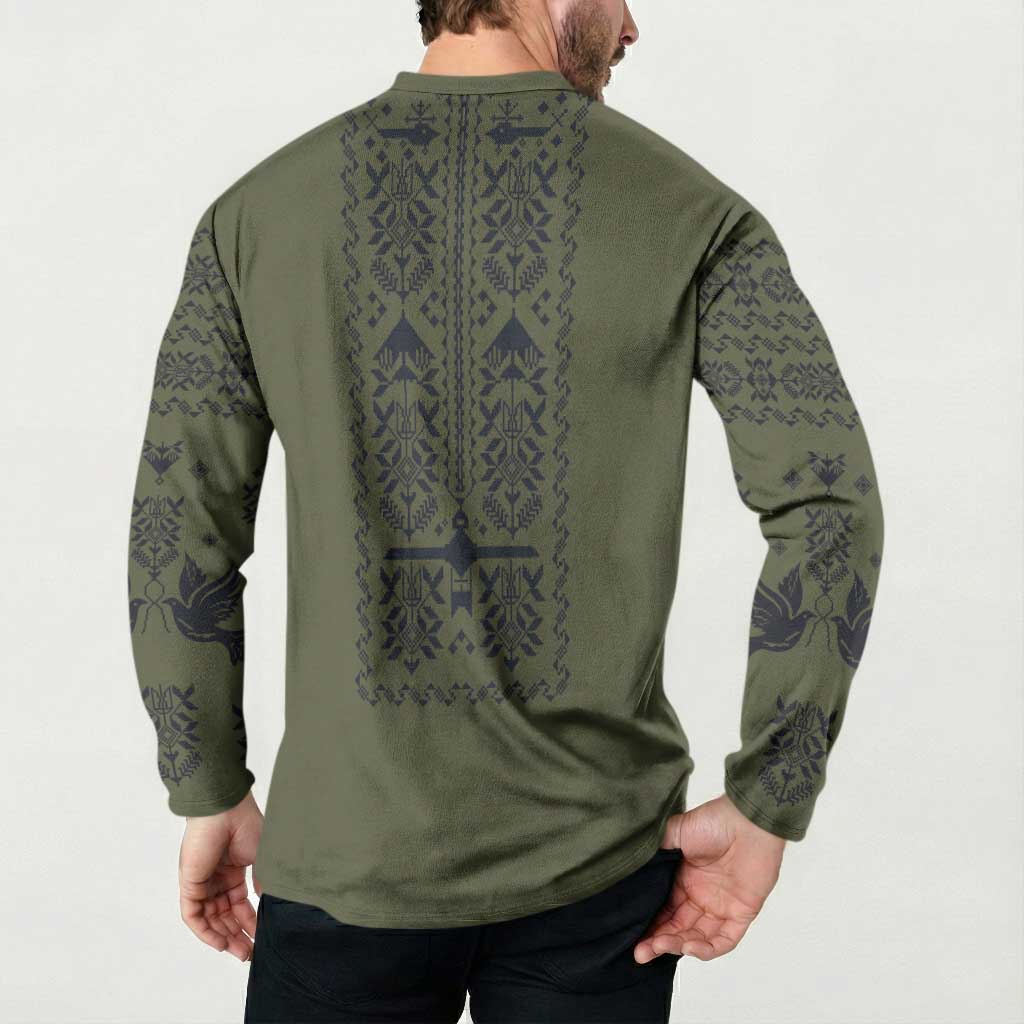 Ukraine Military Vyshyvanka Pattern Button Sweatshirt Ukrainian Heritage Green Tactical Style - Wonder Print Shop