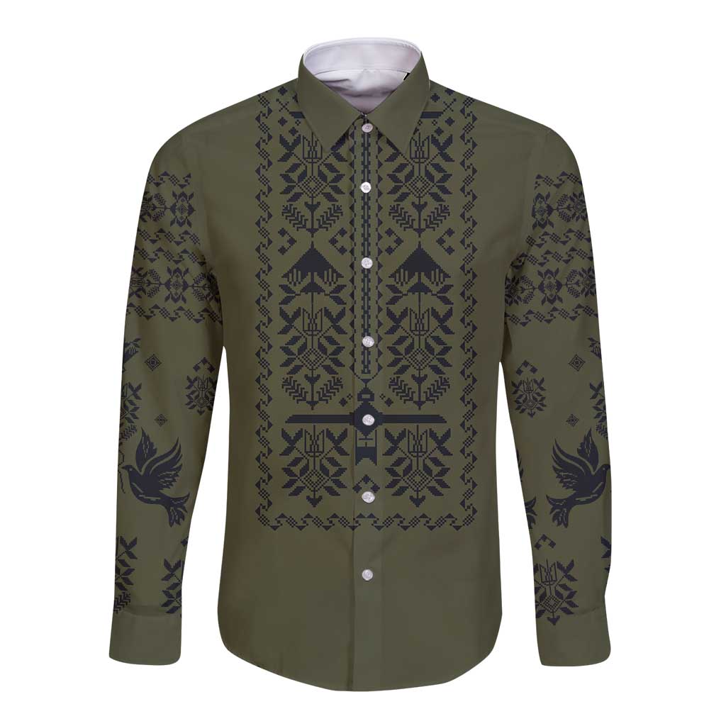 Ukraine Military Vyshyvanka Pattern Long Sleeve Button Shirt Ukrainian Heritage Green Tactical Style - Wonder Print Shop