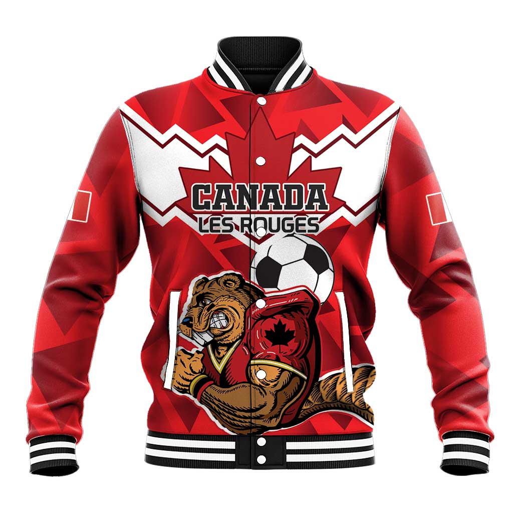 Red Canada beavers baseball varsity jacket with button front, striped collar, mascot graphic