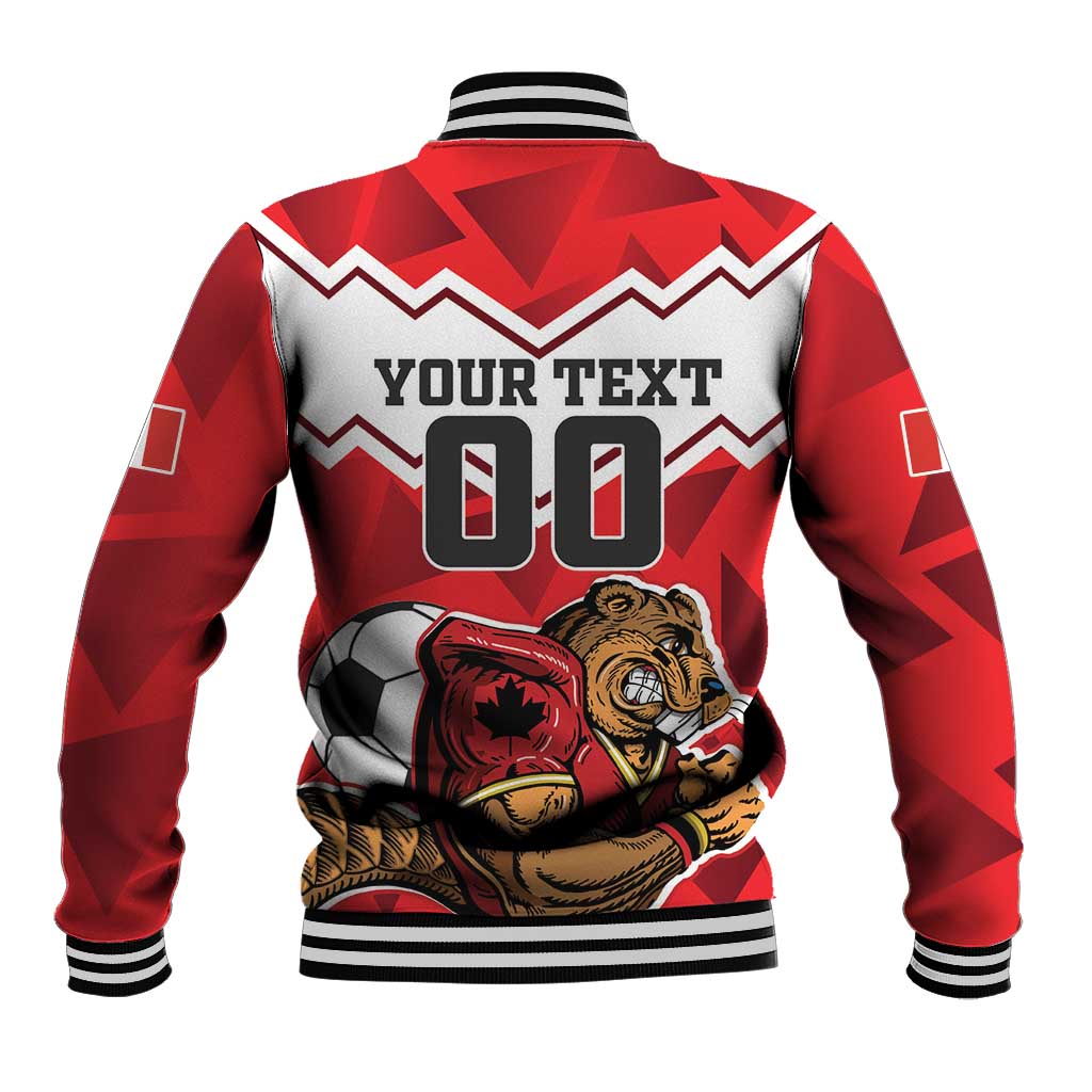Red baseball jacket back with 00 number, beaver mascot patch, striped ribbed hem and cuffs