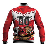 Red baseball jacket back with 00 number, beaver mascot patch, striped ribbed hem and cuffs