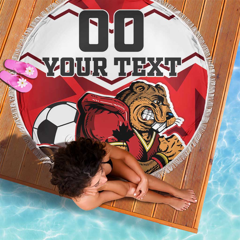 Round red/white beach blanket with beaver mascot, soccer ball, and 'YOUR TEXT' text