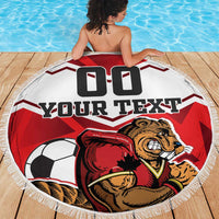 Round red/white beach blanket with beaver mascot and 'YOUR TEXT' print, fringed edge