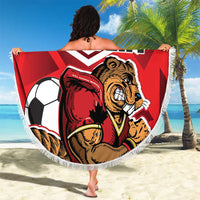Round red/white beach blanket with beaver mascot, soccer ball graphics, and fringed border