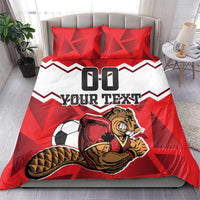 Red and white bedding set with beaver mascot, 'Your Text' and '00' on bed front view