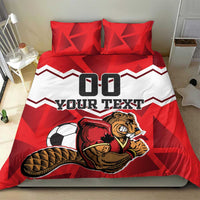 Red and white football bedding set on bed with beaver mascot, 'Your Text' and '00'