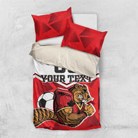 Red football duvet cover with beaver mascot, 'Your Text' and '00' on white panels