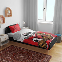 Red and white bedding set with beaver mascot, 'Your Text' and '00' on bed