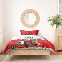 Red football bedding set with beaver mascot on duvet, 'Your Text' and '00' print