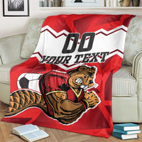 Red and white throw blanket featuring beavers mascot with '00' and 'YOUR TEXT' design