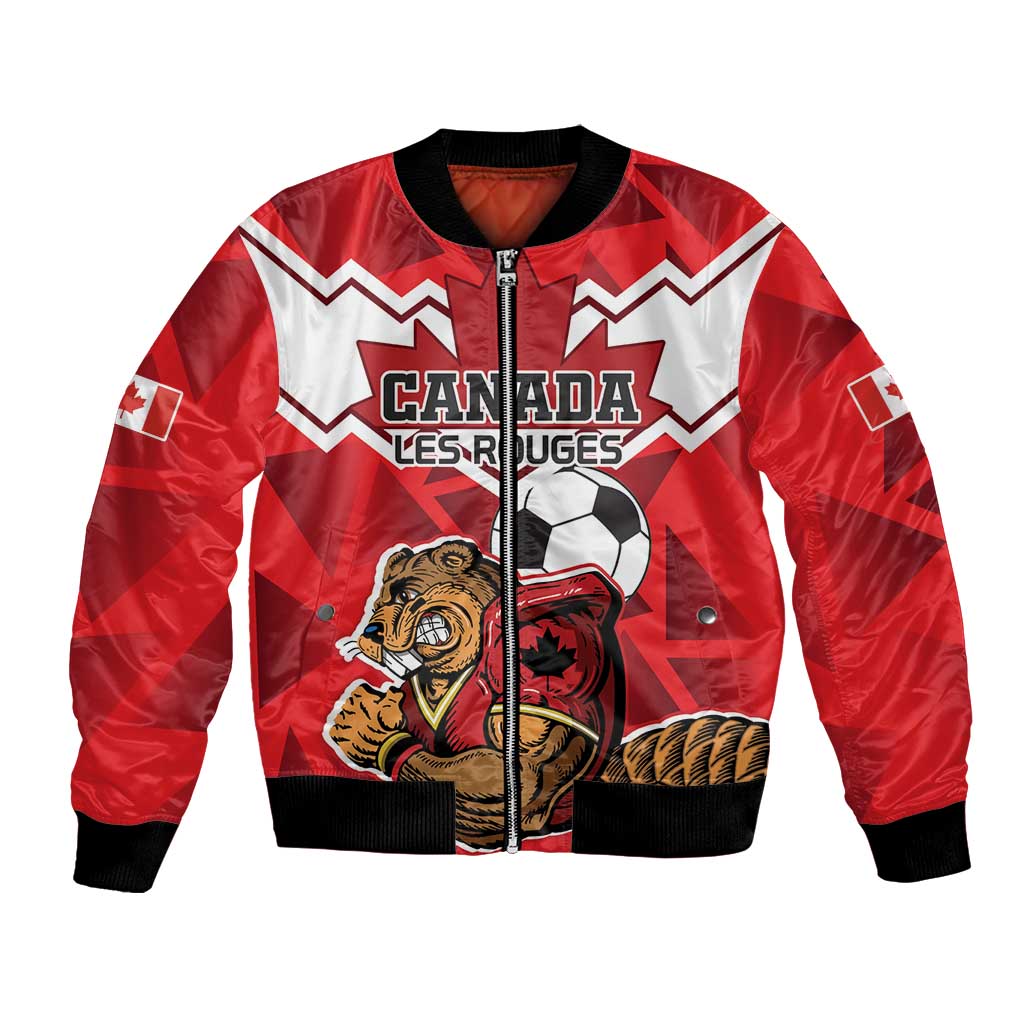 Red bomber jacket with Canada text, beaver mascot, soccer ball and black ribbed trim