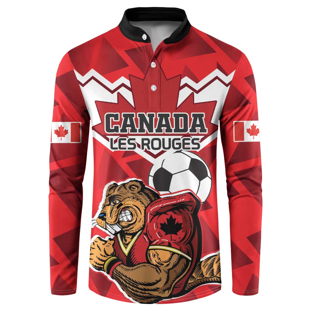 Red button-up football sweatshirt with Canada team graphic, black collar, beaver mascot