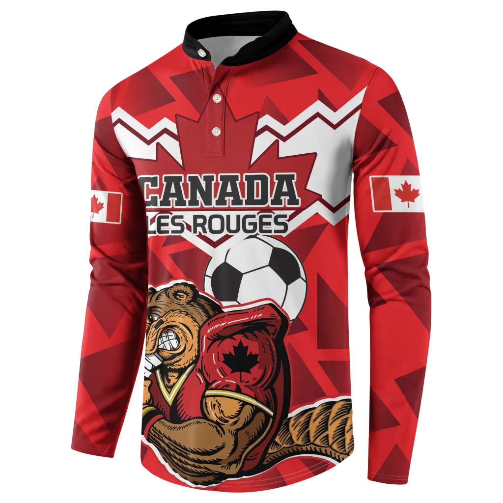 Red button-up football sweatshirt with Canada Les Rouges crest, soccer ball, beaver mascot