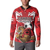 Red button-up football sweatshirt on model, Canada Les Rouges front graphic, black collar