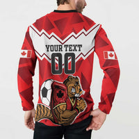 Red button-up football sweatshirt on model, back graphic with 00 and beaver mascot, black collar