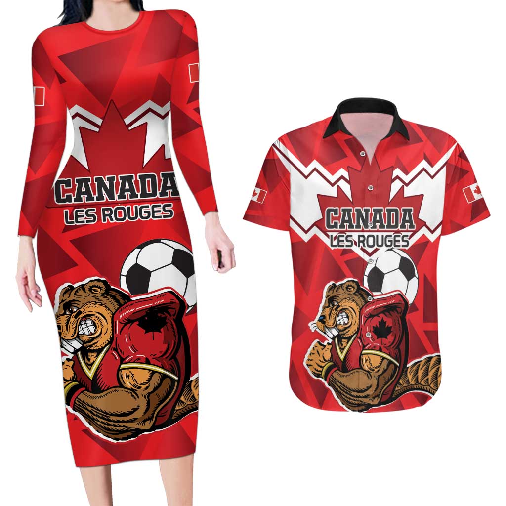 Custom Canada Football Couples Matching Long Sleeve Bodycon Dress and Hawaiian Shirt Beavers Mascot - Wonder Print Shop