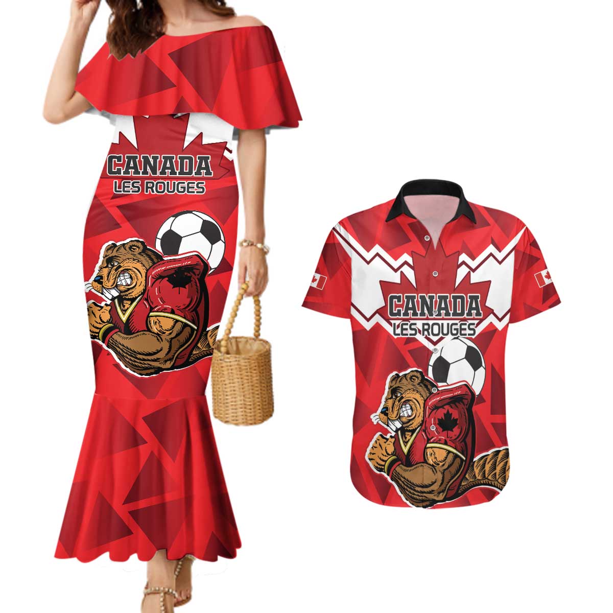 Custom Canada Football Couples Matching Mermaid Dress and Hawaiian Shirt Beavers Mascot - Wonder Print Shop