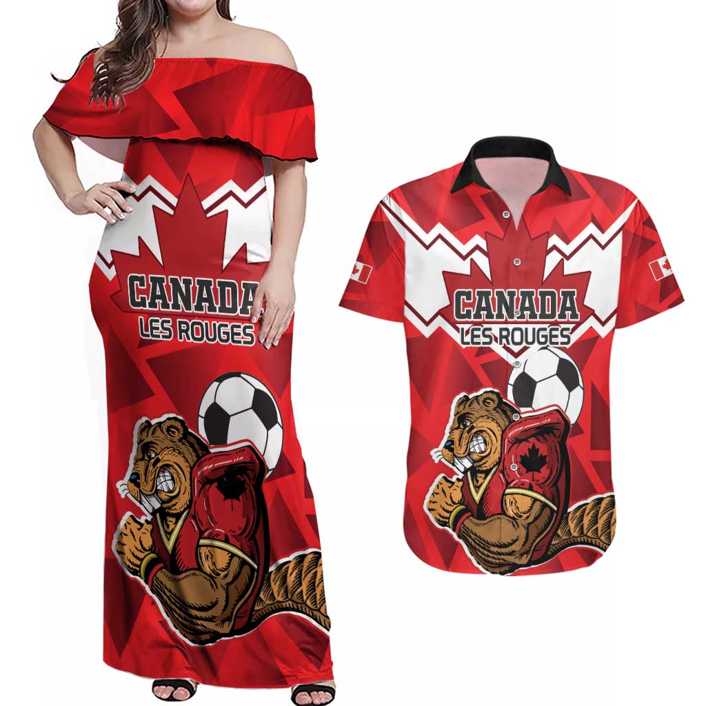 Custom Canada Football Couples Matching Off Shoulder Maxi Dress and Hawaiian Shirt Beavers Mascot - Wonder Print Shop