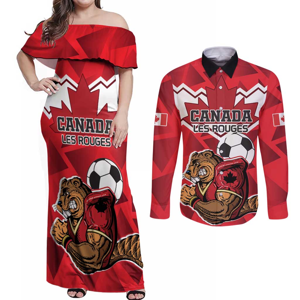 Custom Canada Football Couples Matching Off Shoulder Maxi Dress and Long Sleeve Button Shirt Beavers Mascot - Wonder Print Shop