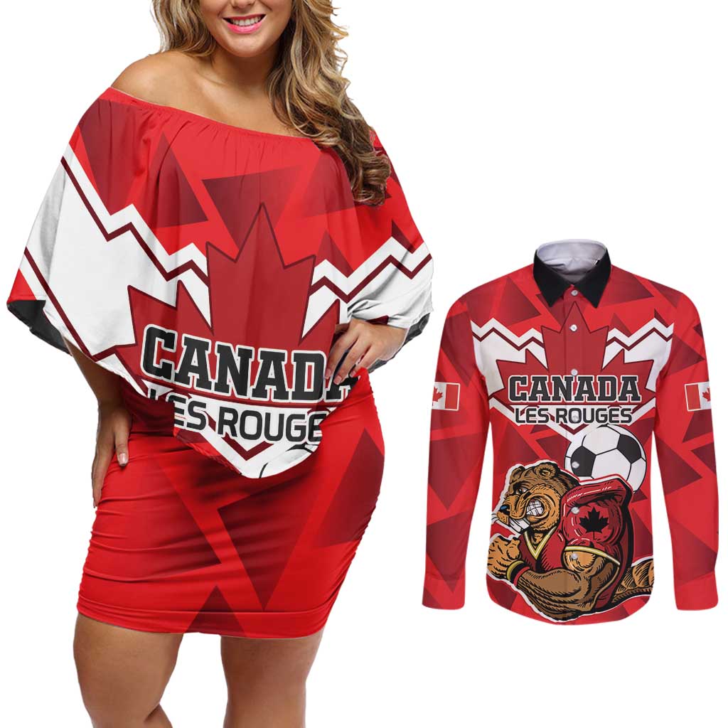 Custom Canada Football Couples Matching Off Shoulder Short Dress and Long Sleeve Button Shirt Beavers Mascot - Wonder Print Shop