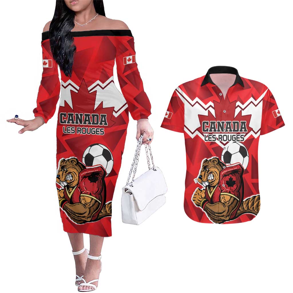 Custom Canada Football Couples Matching Off The Shoulder Long Sleeve Dress and Hawaiian Shirt Beavers Mascot - Wonder Print Shop