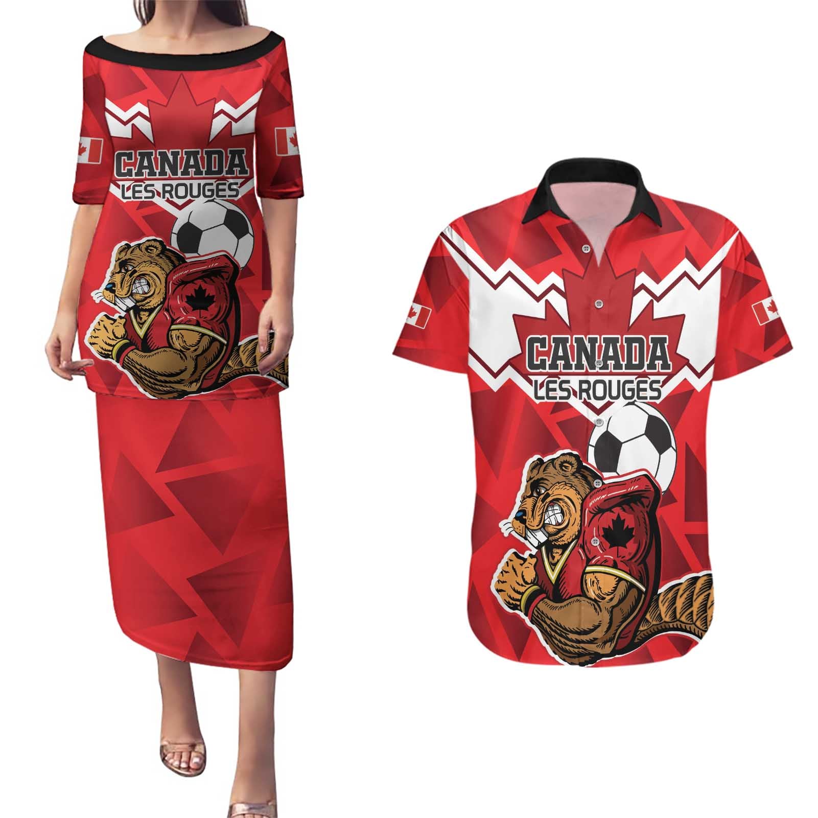 Custom Canada Football Couples Matching Puletasi and Hawaiian Shirt Beavers Mascot - Wonder Print Shop