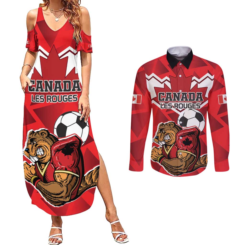 Custom Canada Football Couples Matching Summer Maxi Dress and Long Sleeve Button Shirt Beavers Mascot - Wonder Print Shop