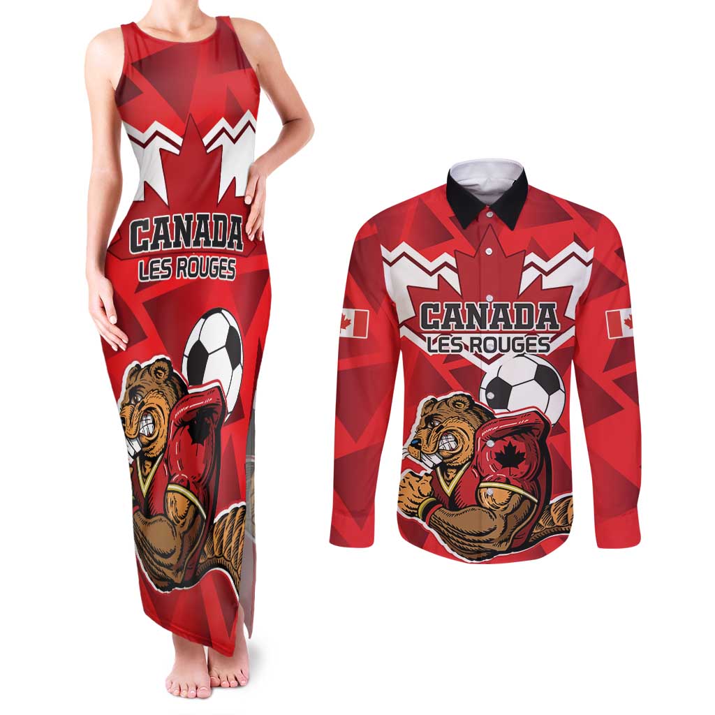 Custom Canada Football Couples Matching Tank Maxi Dress and Long Sleeve Button Shirt Beavers Mascot - Wonder Print Shop