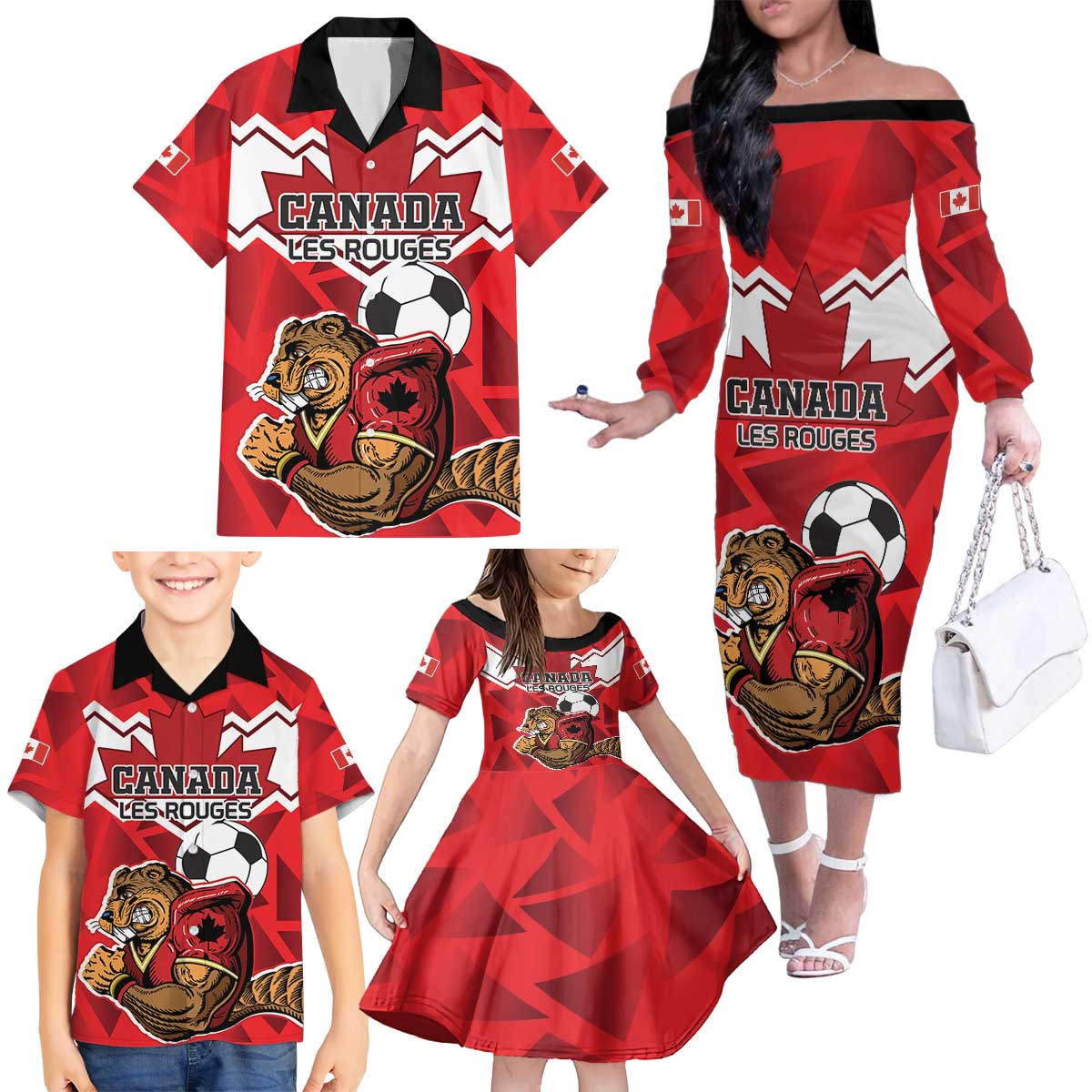 Custom Canada Football Family Matching Off The Shoulder Long Sleeve Dress and Hawaiian Shirt Beavers Mascot - Wonder Print Shop