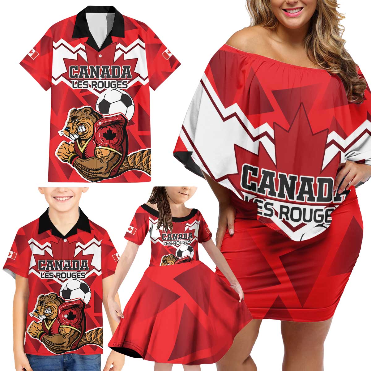 Custom Canada Football Family Matching Off Shoulder Short Dress and Hawaiian Shirt Beavers Mascot - Wonder Print Shop