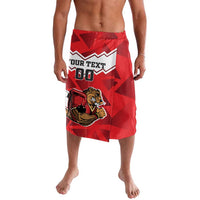 Red athletic board shorts with beaver mascot and logo print