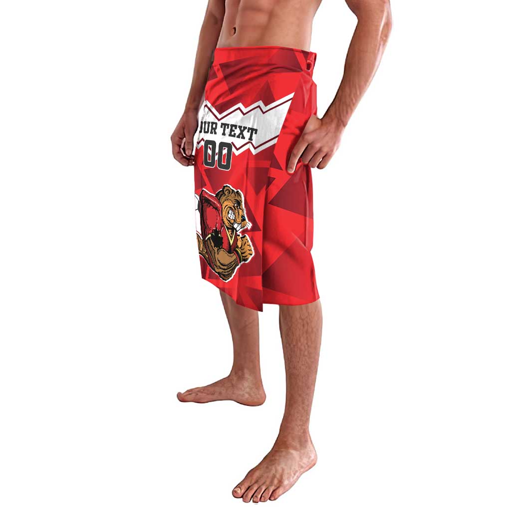 Red athletic shorts featuring beaver mascot and bold number graphic