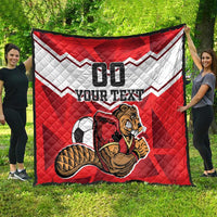 Red and white football quilt outdoors with beaver mascot, soccer ball, zigzag, "00 YOUR TEXT"