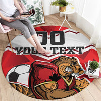 Round football rug in red and gray with soccer ball, beaver mascot, and “YOUR TEXT”