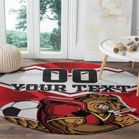 Red and gray round football rug with beaver mascot, soccer ball, and “YOUR TEXT”