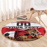 Round red football area rug with beaver mascot and “YOUR TEXT” text, soccer ball graphic