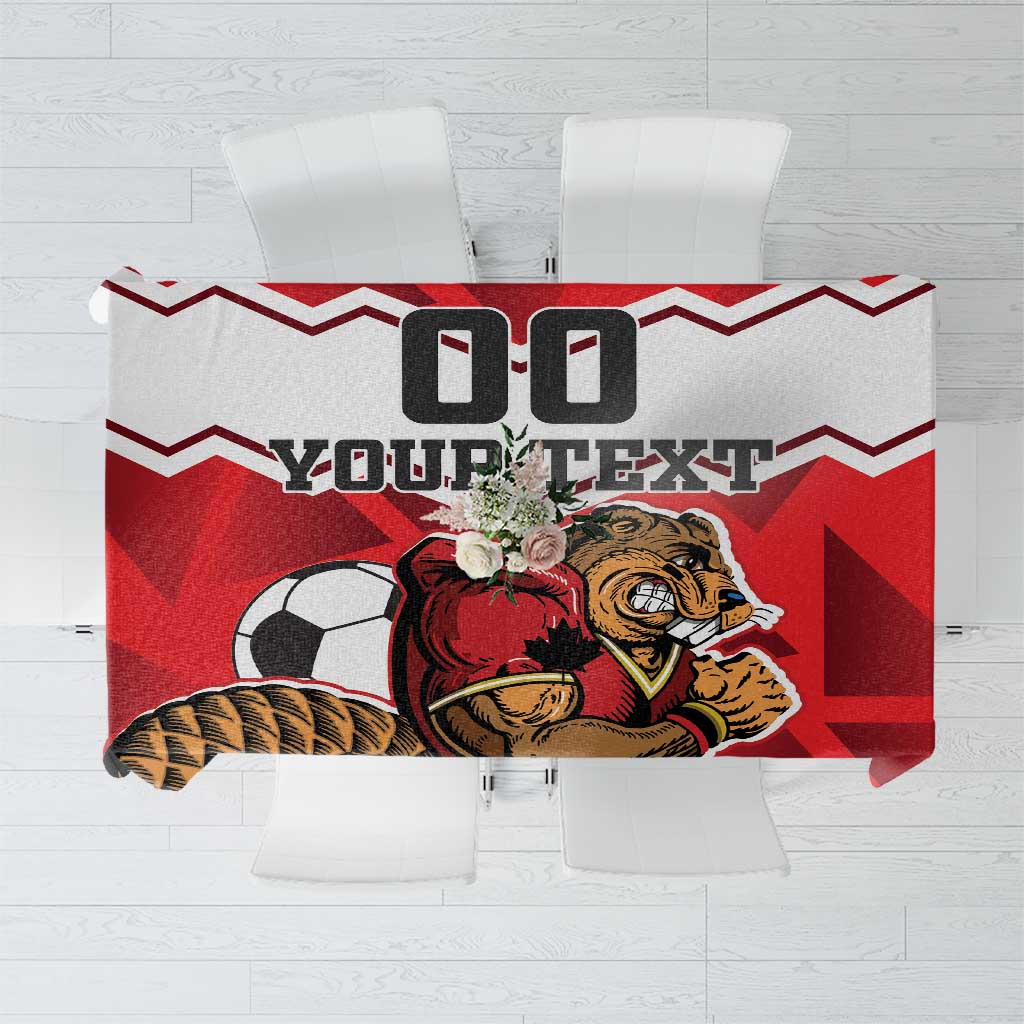 Red football tablecloth close-up with beaver mascot and custom text banner