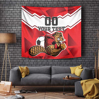 Red sports football tapestry with beaver mascot, ball graphic, and bold “YOUR TEXT”