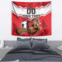 Red and white football tapestry with beaver mascot, soccer ball, and “YOUR TEXT”
