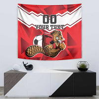 Red sports tapestry featuring beaver mascot holding a football with “YOUR TEXT”