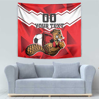 Red football tapestry with beaver mascot graphic, soccer ball, and “YOUR TEXT”
