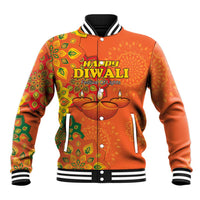 Orange baseball jacket with Happy Diwali text, festival lights graphic, striped ribbed collar.