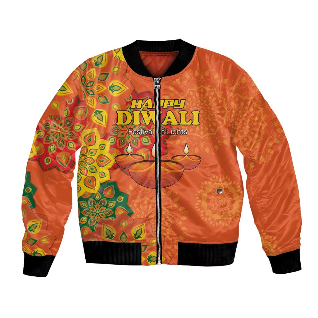 Orange unisex bomber jacket with Happy Diwali front print, full zip, ribbed cuffs