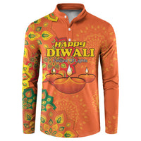 Orange button sweatshirt with Happy Diwali Festival of Lights front graphic