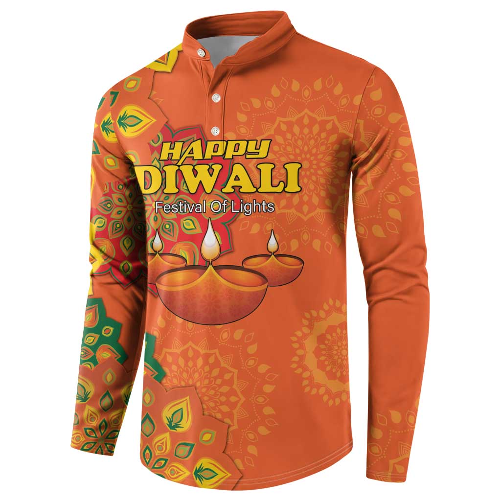 Orange button sweatshirt with Happy Diwali Festival of Lights text and diya candles