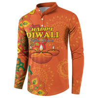 Orange button sweatshirt with Happy Diwali Festival of Lights text and diya candles