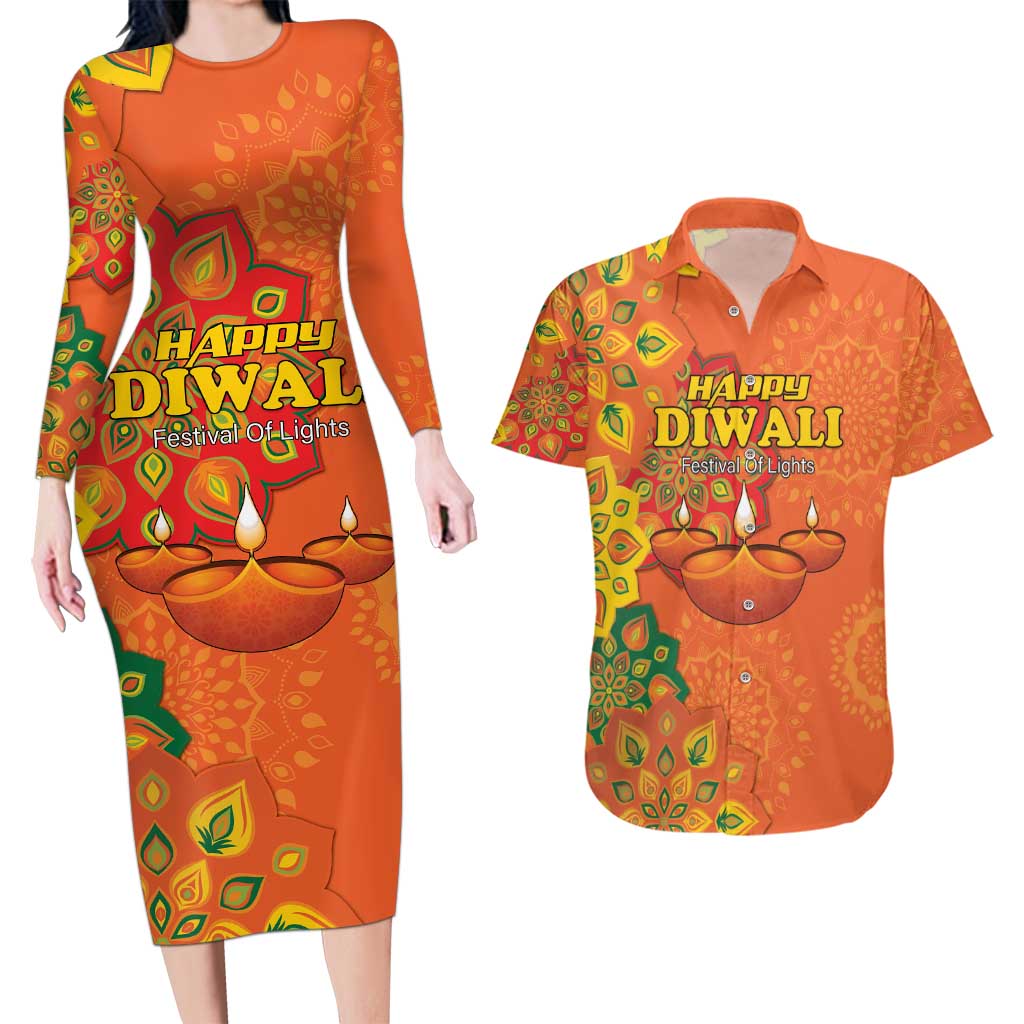 Happy Diwali India Couples Matching Long Sleeve Bodycon Dress and Hawaiian Shirt With Rangoli Patterns - Wonder Print Shop